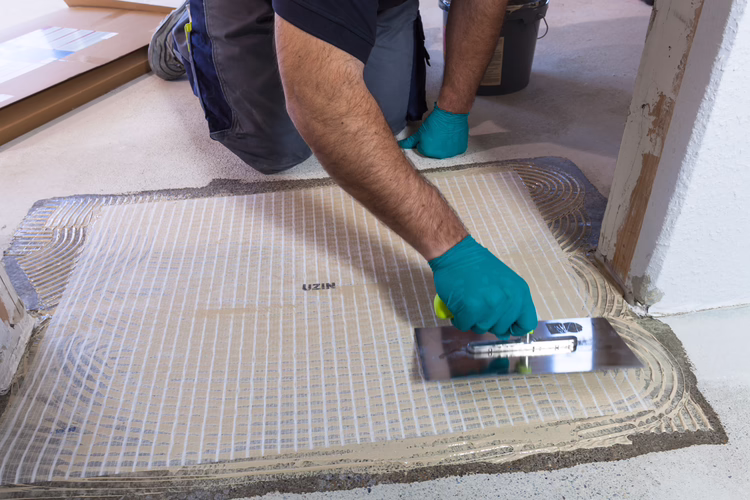 Install the ready cut, UZIN RR 203 tile with the printed side facing up onto the fresh adhesive bed. Please note that the installation direction of the UZIN RR 203 tiles runs perpendicular to the joint. Alternatively, the roll material can be used instead of the tile material, but it must first be cut to size.