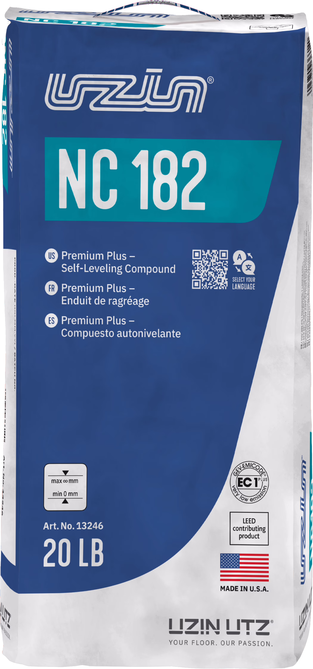 UZIN_Dummy_NC 182-20lb_US_2021-10 Sac albastru și alb de 20 lb cu compus de nivelare a pardoselii UZIN NC 182; fața arată marele 'NC 182', logo-ul UZIN, textul multilingv 'Premium Plus – Self‑Leveling Compound', cod QR, pictograme de măsurare, sigilii de certificare, 'Made in U.S.A.' cu steagul american și numărul de articol 13246.